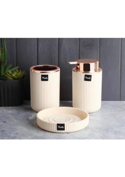 Krem Renkli 3 Parça Rosegold Banyo Seti, Şık ve Kullanışlı Tasarım