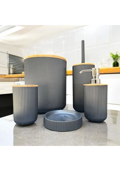 Şık Siyah Bambum Lena Beşli Banyo Takımı, Zarif ve Fonksiyonel Dekorasyon