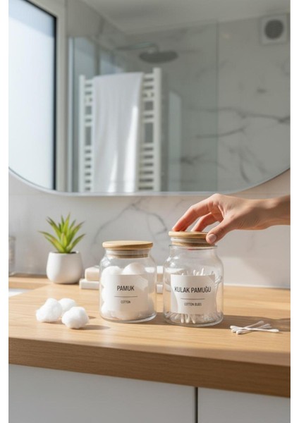 Banyo Seti 2'li Cam, Bambu Kapak, 300 ml Pamuk ve Kulak Pamuğu Kavanozu