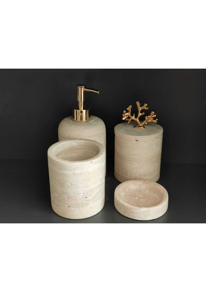 Traverten Doğal Taş Banyo Seti, 4'lü, Şık ve Dayanıklı Tasarım