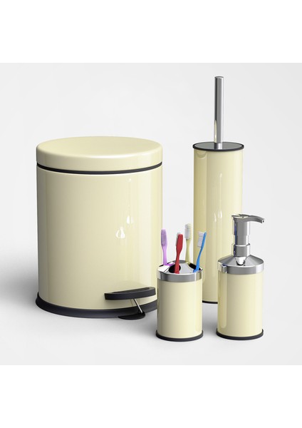 4'lü Metal Banyo Seti, 3l Çöp Kovası Takımı, Krem Renkli