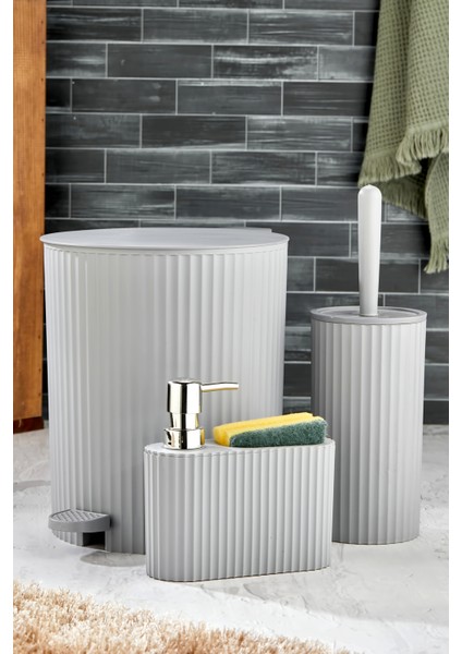 Modern 3 Parça Pedallı Banyo Seti, Çizgili Yuvarlak Çöp Kovası ve Fırça