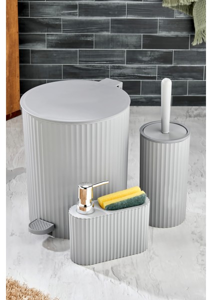 Modern 3 Parça Pedallı Banyo Seti, Çizgili Yuvarlak Çöp Kovası ve Fırça fiyatları