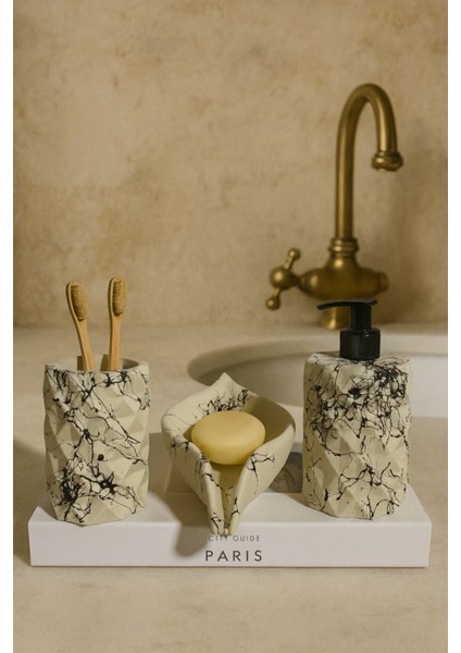 Mermer Desenli 3 Parça Banyo Seti, Sabunluk, Diş Fırçalık ve Havluluk