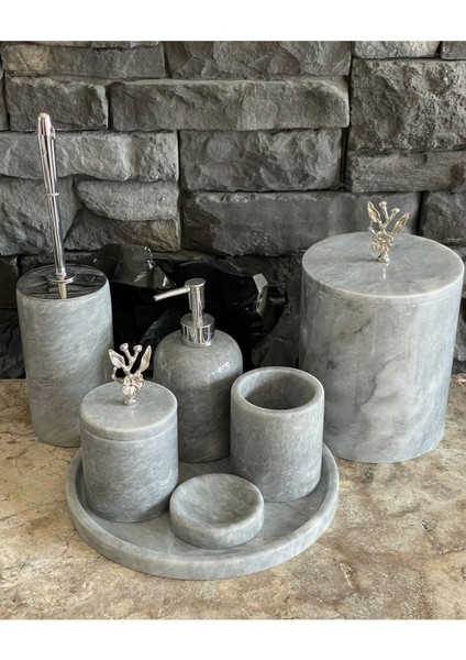 Gri Polen Stone Mermer 7'li Banyo Seti, Japon Gülü ve Gümüş Aksesuarlarla