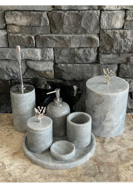 Gri Polen Stone Mermer 7'li Banyo Seti, Japon Gülü ve Gümüş Aksesuarlarla fiyatları