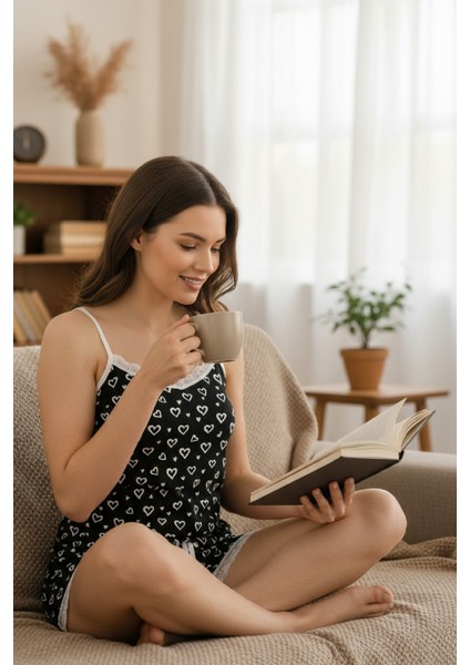 Kadın Siyah Kalp Desenli Askılı Şortlu Dantelli Pijama Takımı indirimleri