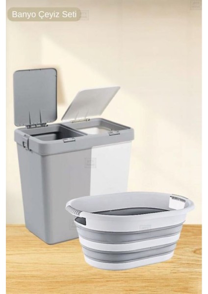 Iki Bölmeli Katlanabilir Çamaşır Sepeti Seti, 80 Lt, Pratik ve Kullanışlı