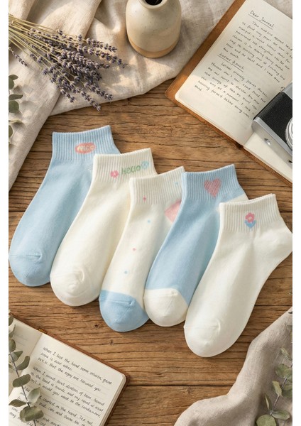 5 Çift Mavi - Krem Yazılı Çorap