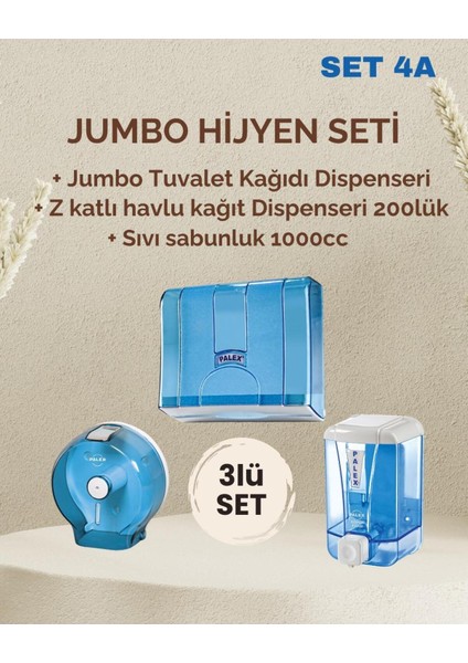 3'lü Jumbo Hijyen Seti Şeffaf Mavi, Sıvı Sabunluk, Wc ve Havlu Dispenser