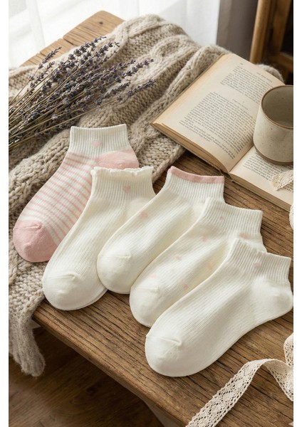 5 Çift Soft Kalp Desenli Krem Kadın Çorap