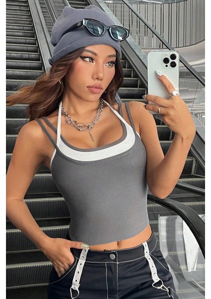 Kadın Antrasit Gri Beyaz Çift Renk Çapraz Askılı Crop Top Bluz modelleri