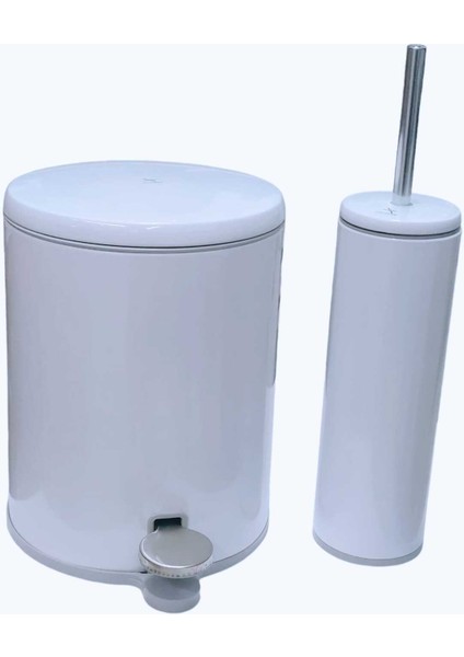 Prizma Nova Çelik Çöp Kovası ve Wc Tuvalet Fırçası Seti Beyaz