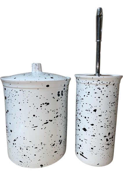 Red Seramik Banyo Seti, Dara Collection Çöp Kovası ve Fırçalık, Dalmaçya Deseni