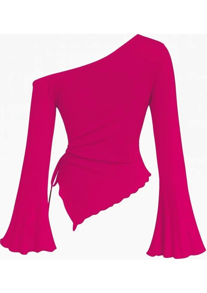 Kadın Fuşya Uzun Ispanyol Kollu Asimetirik Yaka Yandan Bağlamalı Drapeli Bluz fiyatları