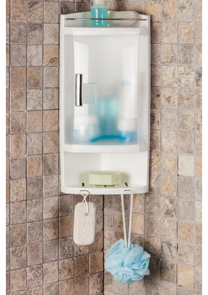 Şeffaf ve Doğal Görünümlü Kapaklı Banyo Köşe Rafı