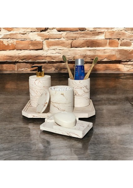Mermer Desenli 5 Parça Beton Banyo Aksesuar Seti, Şık ve Modern Tasarım