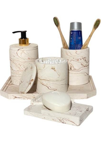 Mermer Desenli 5 Parça Beton Banyo Aksesuar Seti, Şık ve Modern Tasarım fiyatları