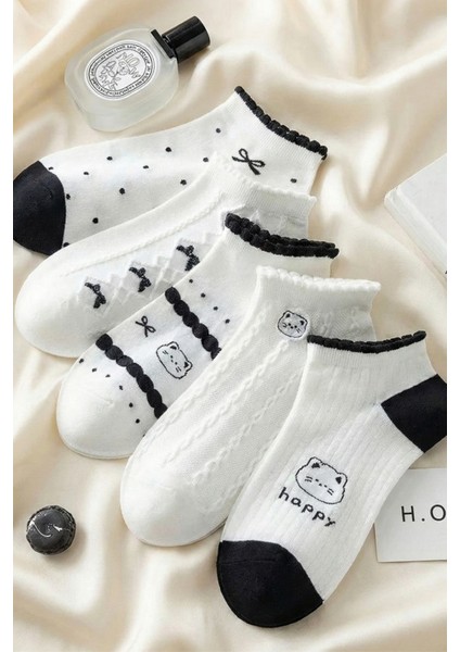 5 Çift Beyaz Happy Desenli Kısa Çorap
