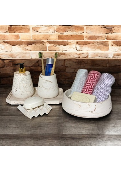 Şık Mermer Görünümlü Çok Amaçlı 5 Parça Banyo Seti