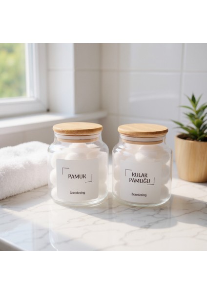 Bambu Kapaklı Cam Kulak Pamuğu ve Pamukluk, 500ML, Şık ve Doğal Kullanım