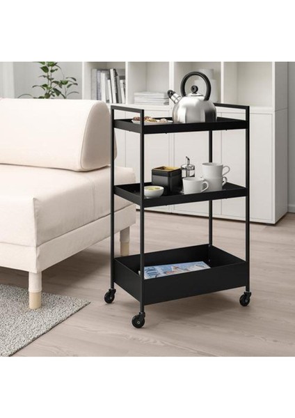 3 Katlı Siyah Servis Arabası 50.5X30X83 Cm, Çelik Raf Ünitesi
