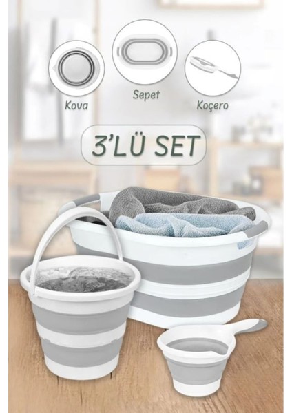 Pratik 3'lü Katlanır Çamaşır Sepeti Seti, Su Kovası ve Maşrapa