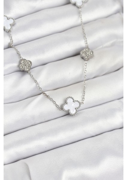 316L Çelik Zincir Gümüş Renk Beyaz ve Zirkon Taşlı Yonca Kadın Kolye - TJ-BKO10588