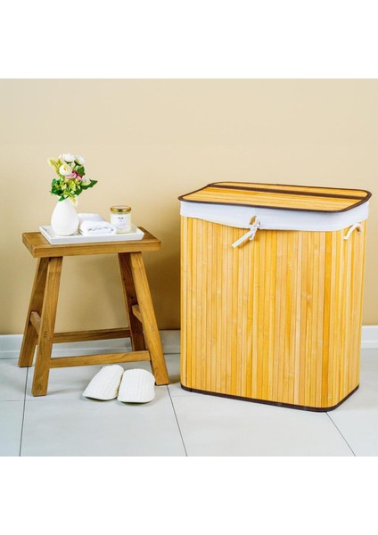 Katlanabilir Bambu Çamaşır Sepeti, 2 Bölmeli, 32X52X63 cm