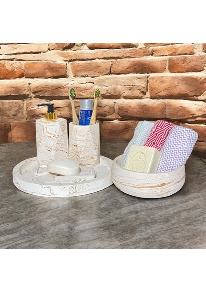 Estetik Mermer Dokusuyla Beton Banyo Aksesuar Seti (5 Parça)