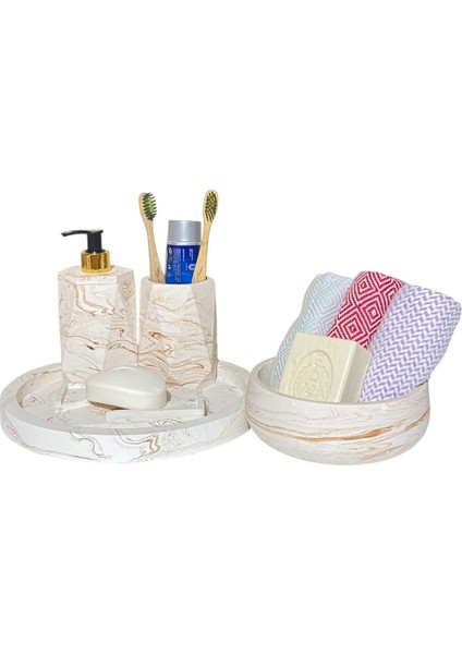 Estetik Mermer Dokusuyla Beton Banyo Aksesuar Seti (5 Parça) fiyatları