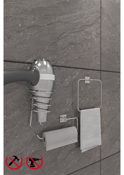 Şık Kare Krom Banyo Seti – Havluluk ve Fön Askısı, 3'lü Set