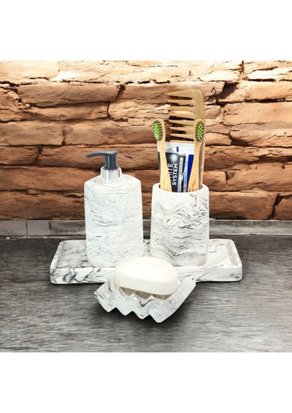 Şık Beton ve Mermer Detaylı 4 Parça Banyo Aksesuar Seti