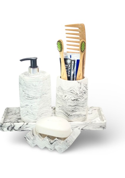 Şık Beton ve Mermer Detaylı 4 Parça Banyo Aksesuar Seti fiyatları