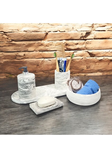 Şık Mermer Desenli 5 Parça Beton Banyo Aksesuar Seti