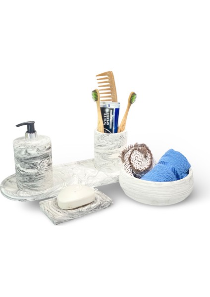 Şık Mermer Desenli 5 Parça Beton Banyo Aksesuar Seti fiyatları