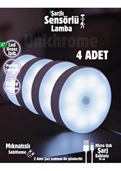4 Hareket Sensörlü 8 Ledli Beyaz LED Işık USB Şarjlı On/auto/off Modlu Dolap Içi Koridor indirimleri