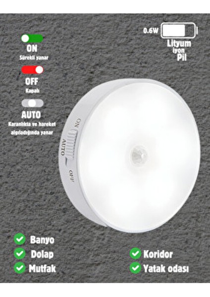 4 Hareket Sensörlü 8 Ledli Beyaz LED Işık USB Şarjlı On/auto/off Modlu Dolap Içi Koridor