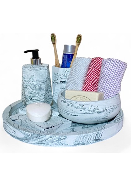 Şık ve Modern 5'li Beton Banyo Aksesuar Seti, Mermer Detaylarıyla Güzelleşiyor fiyatları