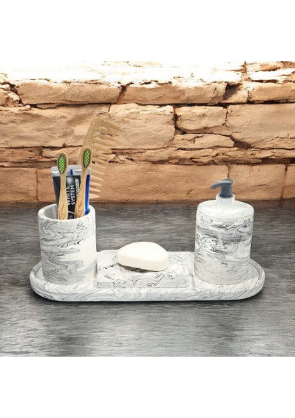Modern Mermer Temalı 4 Parçalı Beton Banyo Aksesuar Seti
