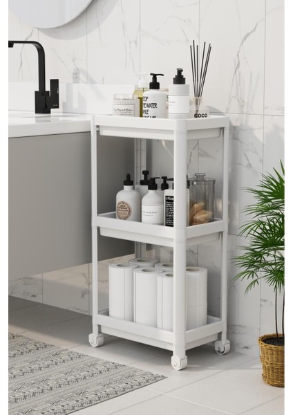 3 Katlı Beyaz Banyo Raf Ünitesi, Düzenleyici ve Şampuanlık, Havluluk