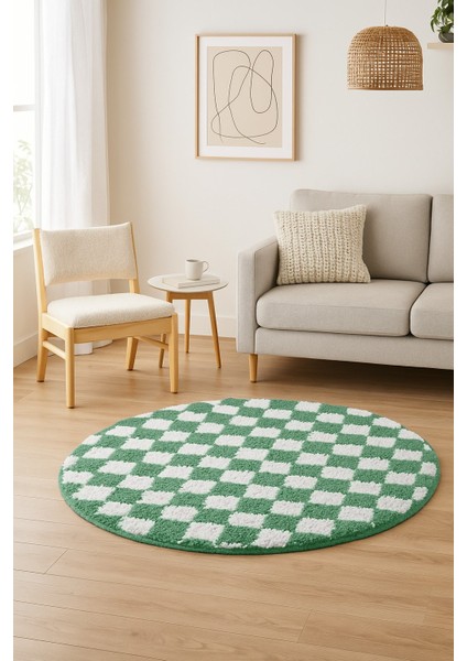 Dama Desenli Daire Yuvarlak Halı Kaymaz Lateks Tabanlı Yıkanabilir Chess Koleksiyonu