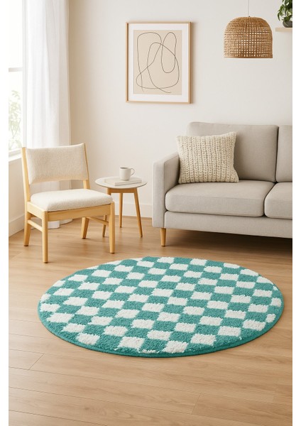 Dama Desenli Daire Yuvarlak Halı Kaymaz Lateks Tabanlı Yıkanabilir Chess Koleksiyonu