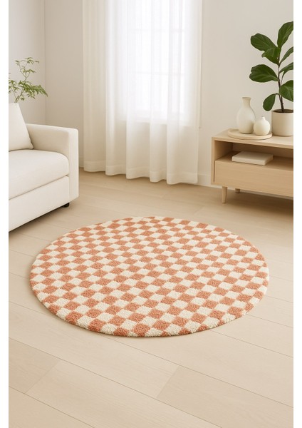 Dama Desenli Daire Yuvarlak Halı Kaymaz Lateks Tabanlı Yıkanabilir Chess Koleksiyonu