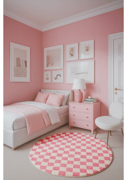 Dama Desenli Daire Yuvarlak Halı Kaymaz Lateks Tabanlı Yıkanabilir Chess Koleksiyonu