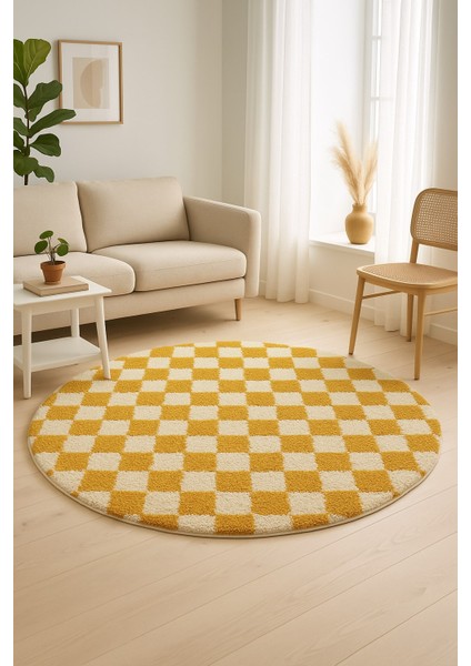 Dama Desenli Daire Yuvarlak Halı Kaymaz Lateks Tabanlı Yıkanabilir Chess Koleksiyonu