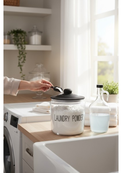 Siyah Kapaklı Dekoratif Cam Deterjan ve Galon Şişe Seti