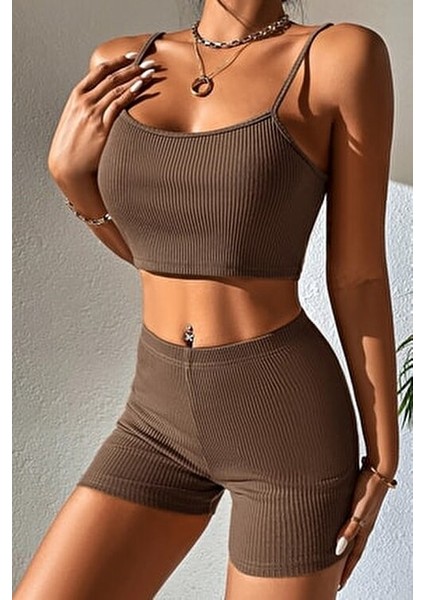 Kadın Kahverengi Şortlu Kaşkorse Gecelik Takım %11 Elastan Materyal ile Rahat Kullanım
