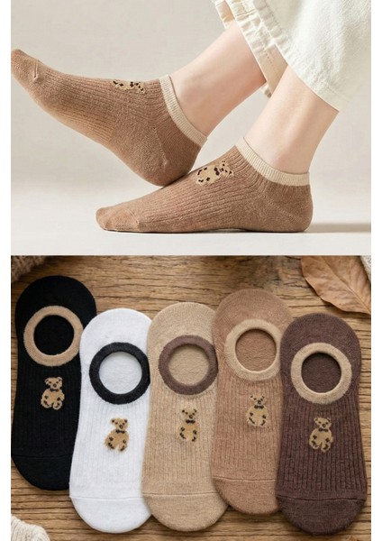 5 Çift Teddy Desenli Görünmez Kadın Çorap