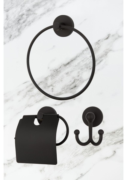 Siyah Halka Havluluk ve Bornoz Askısı 3’lü Banyo Seti